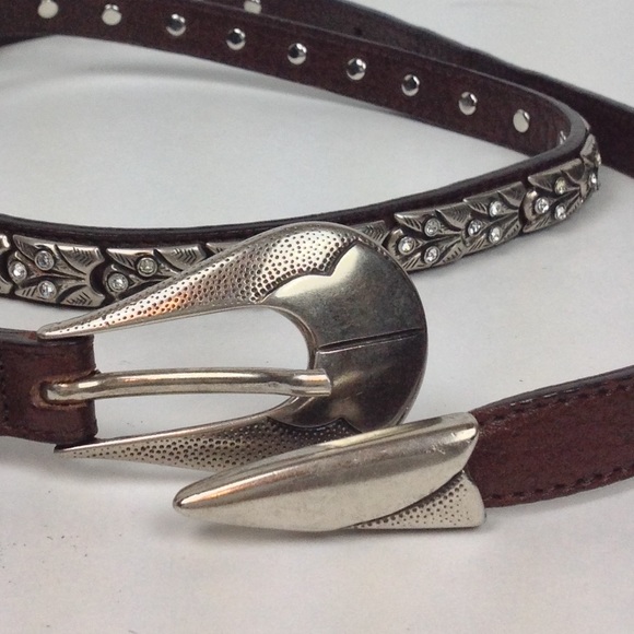Skinny Brown Leather Belt metal and rhinestone Classic Boho main image 4
